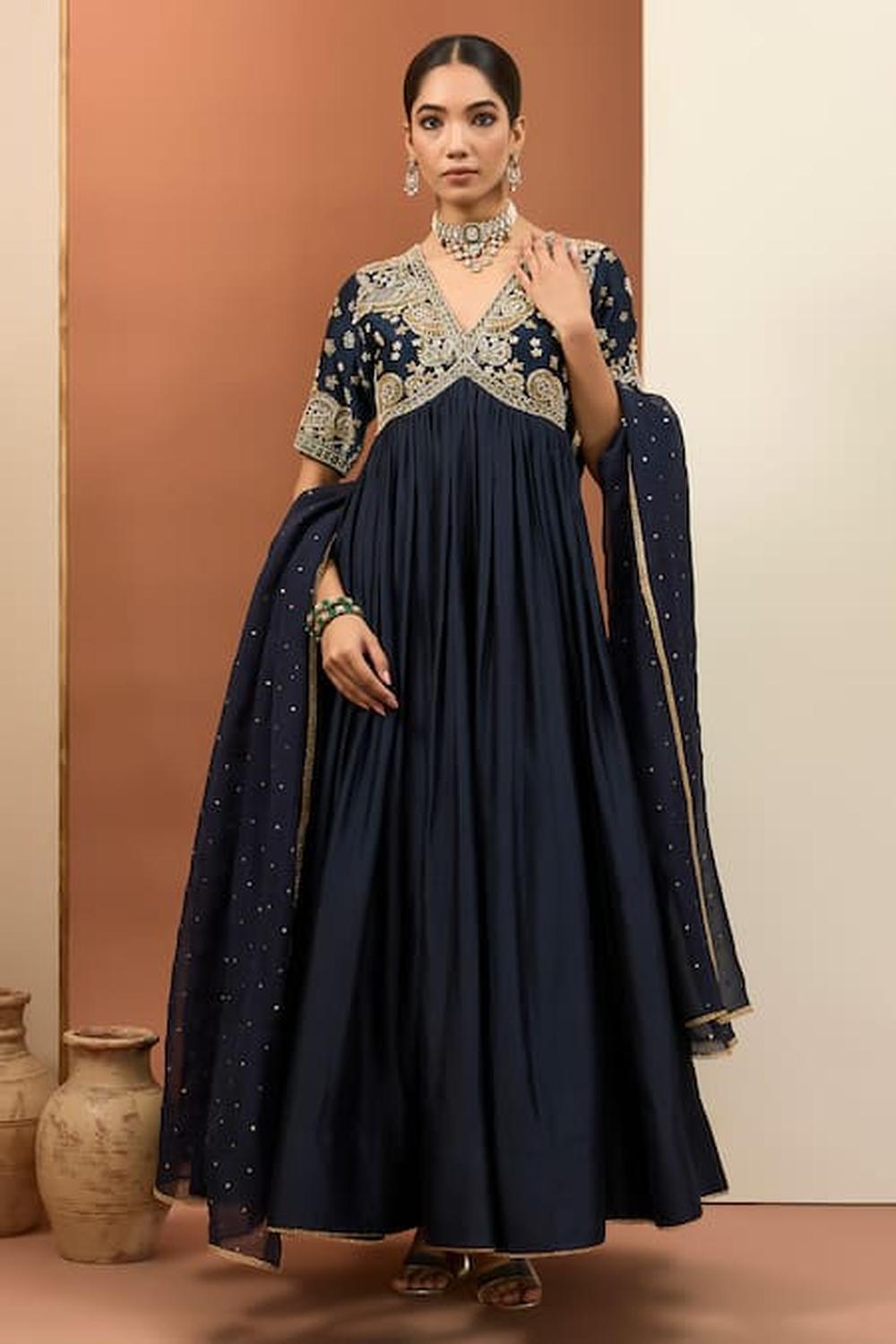 Blue Chanderi Silk Hand Embroidered Anarkali Set