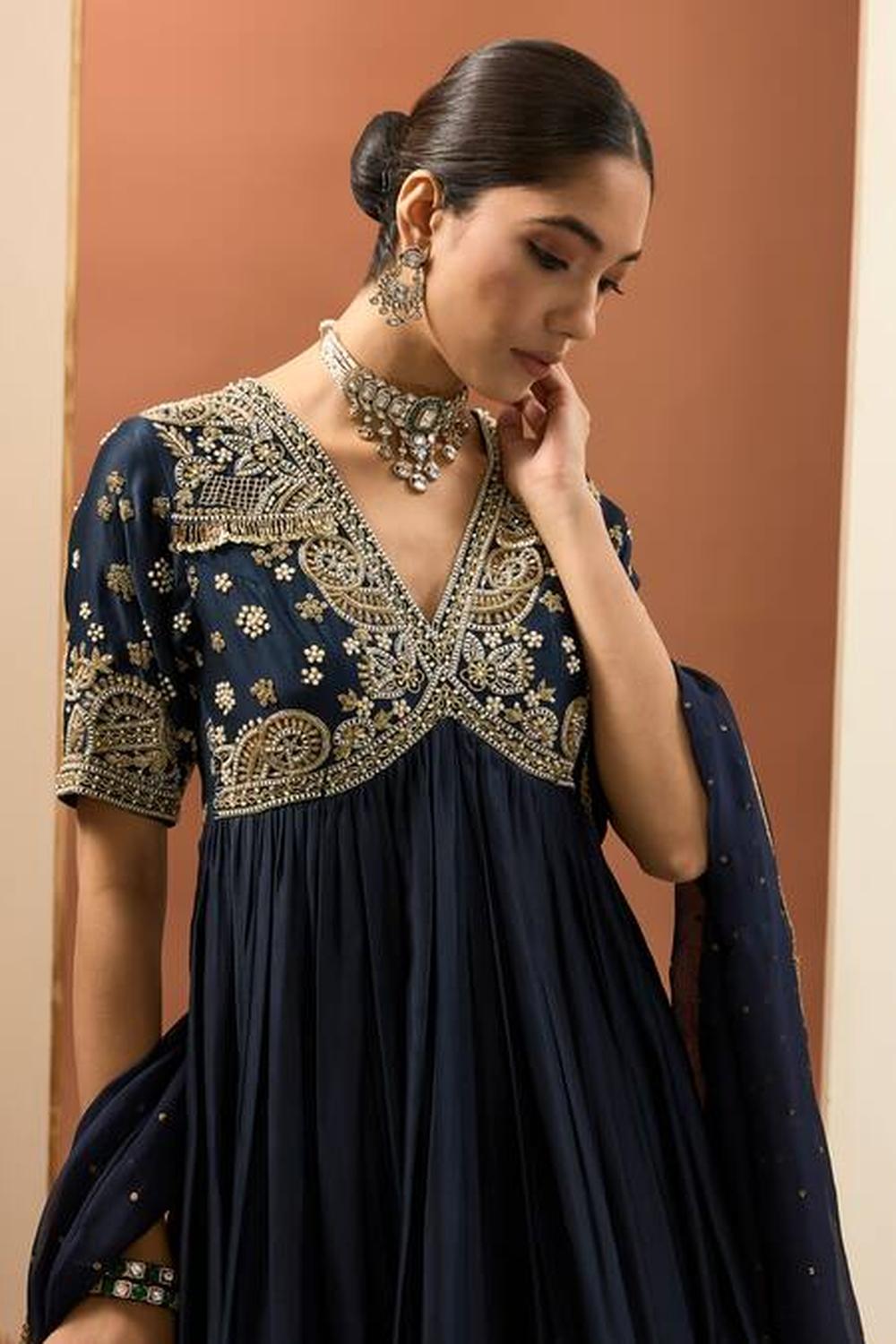 Blue Chanderi Silk Hand Embroidered Anarkali Set