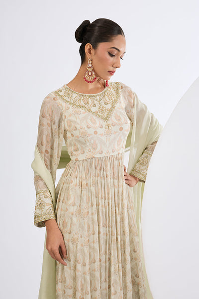 Printed Chinon Chiffon Ivory Anarkali Set with Viscose Chinon  Dupatta