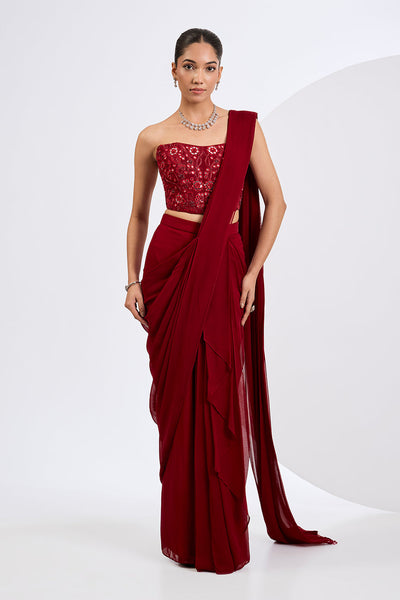 Pre Draped Saree Set with  Heavily Embellished Corset Blouse