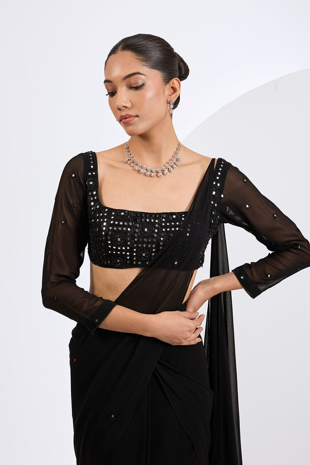 Pre Draped  Mirror Embellished  Saree with Embroidered Blouse