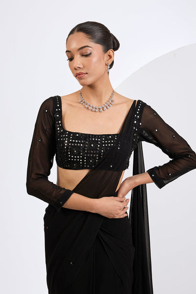 Pre Draped  Mirror Embellished  Saree with Embroidered Blouse