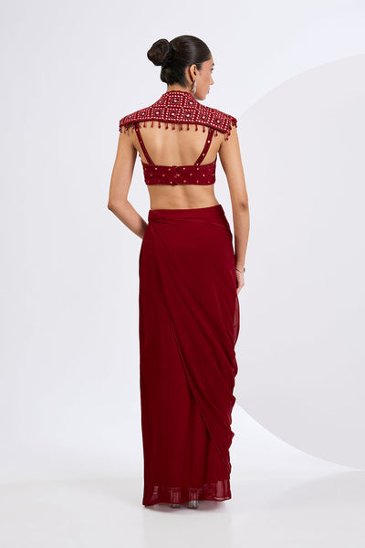 Pre Drape Skirt Set with Embroidered Cape And Blouse