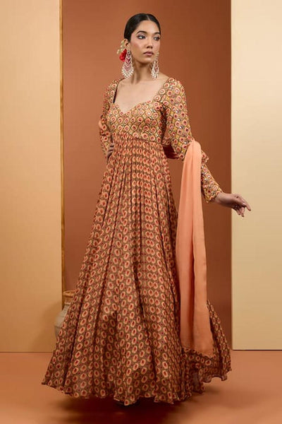 Beige Viscose Chiffon Printed & Embroidered Anarkali Set