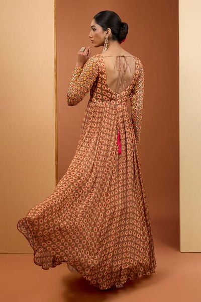 Beige Viscose Chiffon Printed & Embroidered Anarkali Set