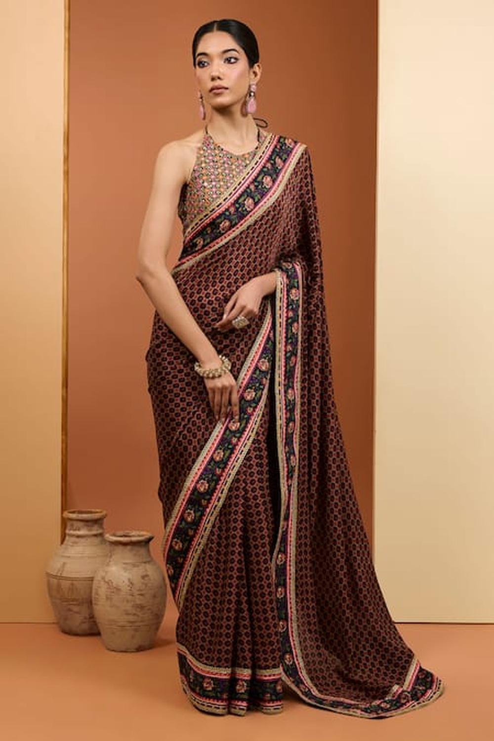 Black Viscose Chiffon Digital Printed Saree Set