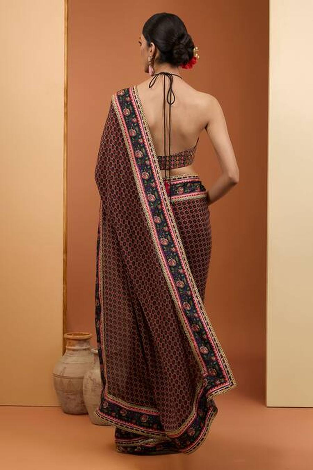 Black Viscose Chiffon Digital Printed Saree Set