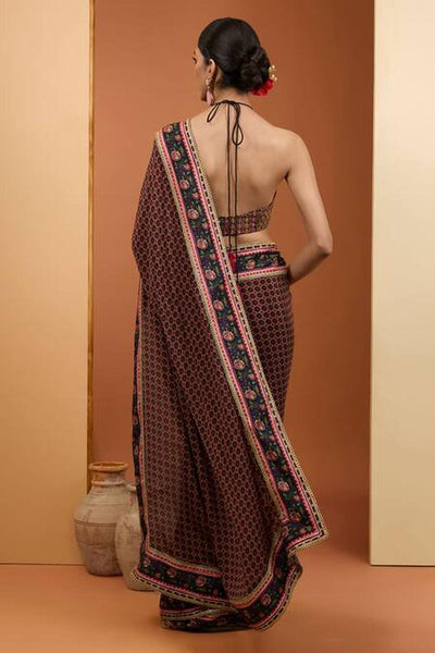 Black Viscose Chiffon Digital Printed Saree Set