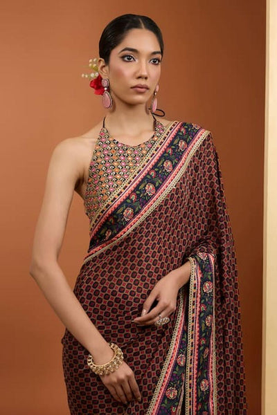 Black Viscose Chiffon Digital Printed Saree Set