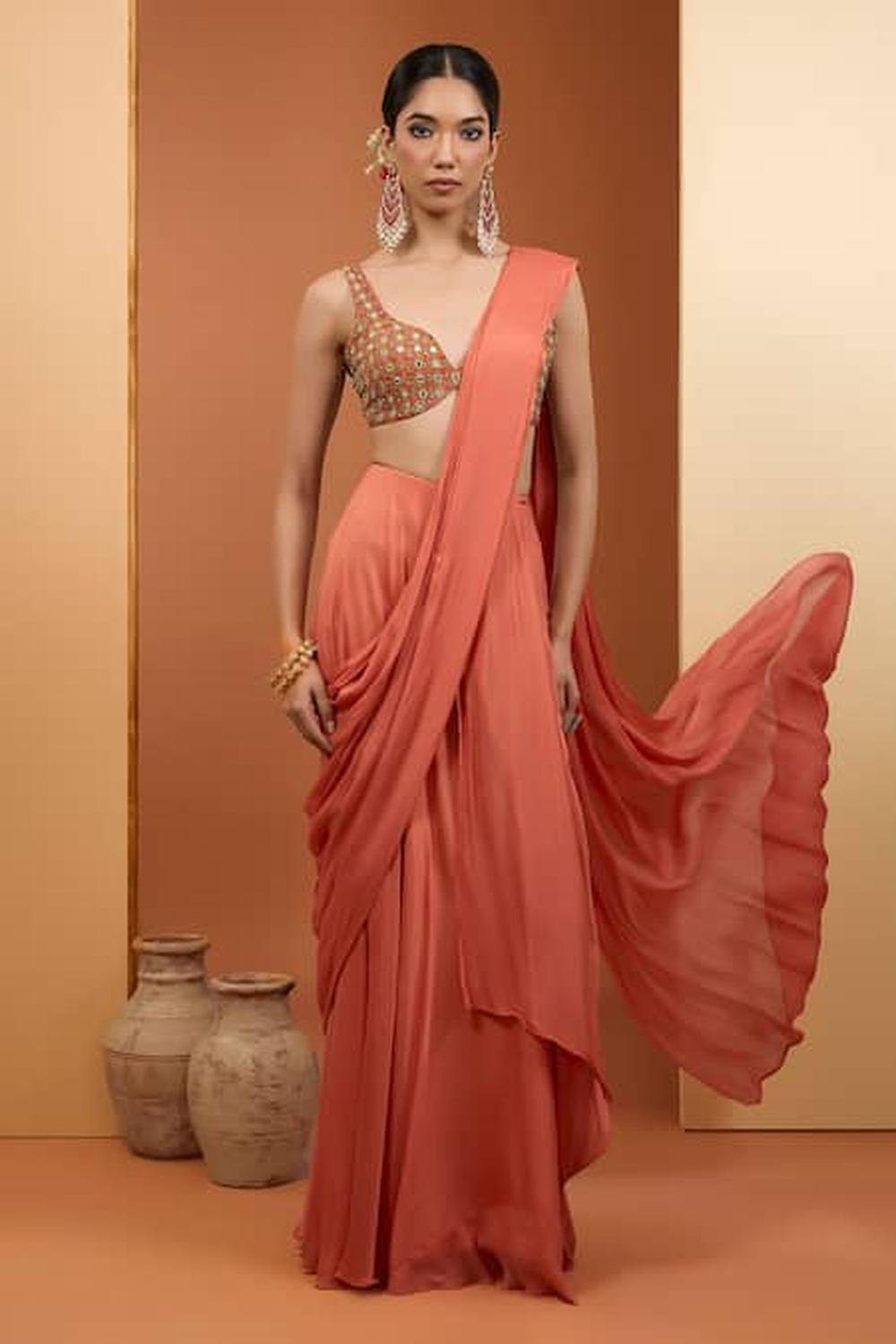 Rust Viscose Chinon Pre-Draped Saree Set