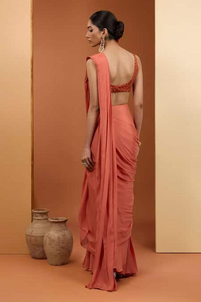 Rust Viscose Chinon Pre-Draped Saree Set