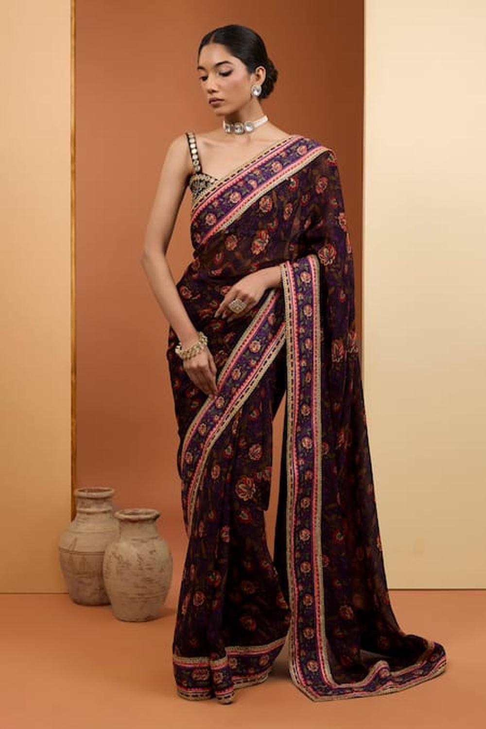 Purple Viscose Organza Digital Printed Pre-Draped Saree Set