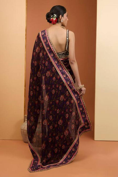 Purple Viscose Organza Digital Printed Pre-Draped Saree Set