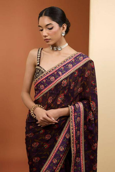 Purple Viscose Organza Digital Printed Pre-Draped Saree Set