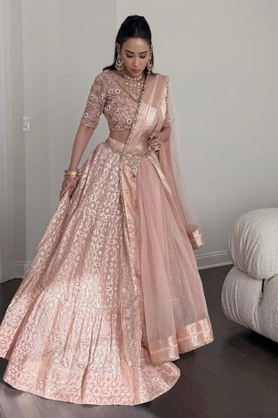 Peach Chanderi Banarasi Hand Embroidered Lehenga Set