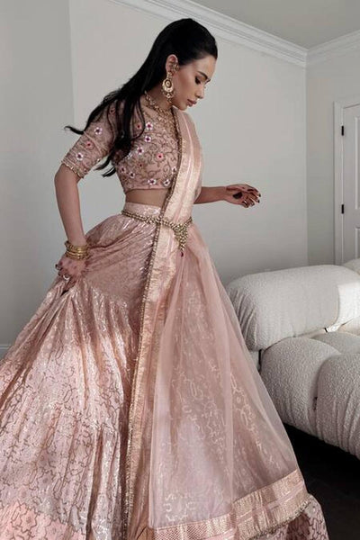 Peach Chanderi Banarasi Hand Embroidered Lehenga Set