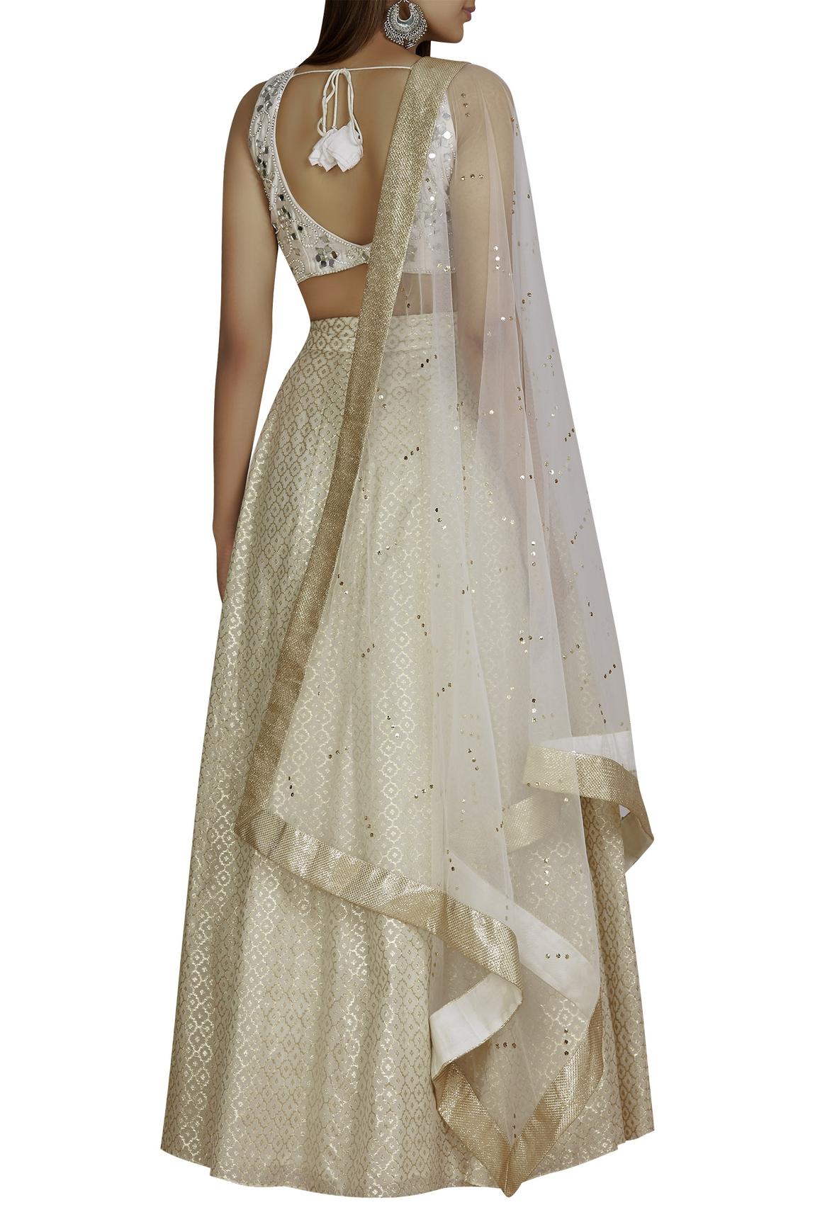 Off White Blouse Chanderi Lehenga Set