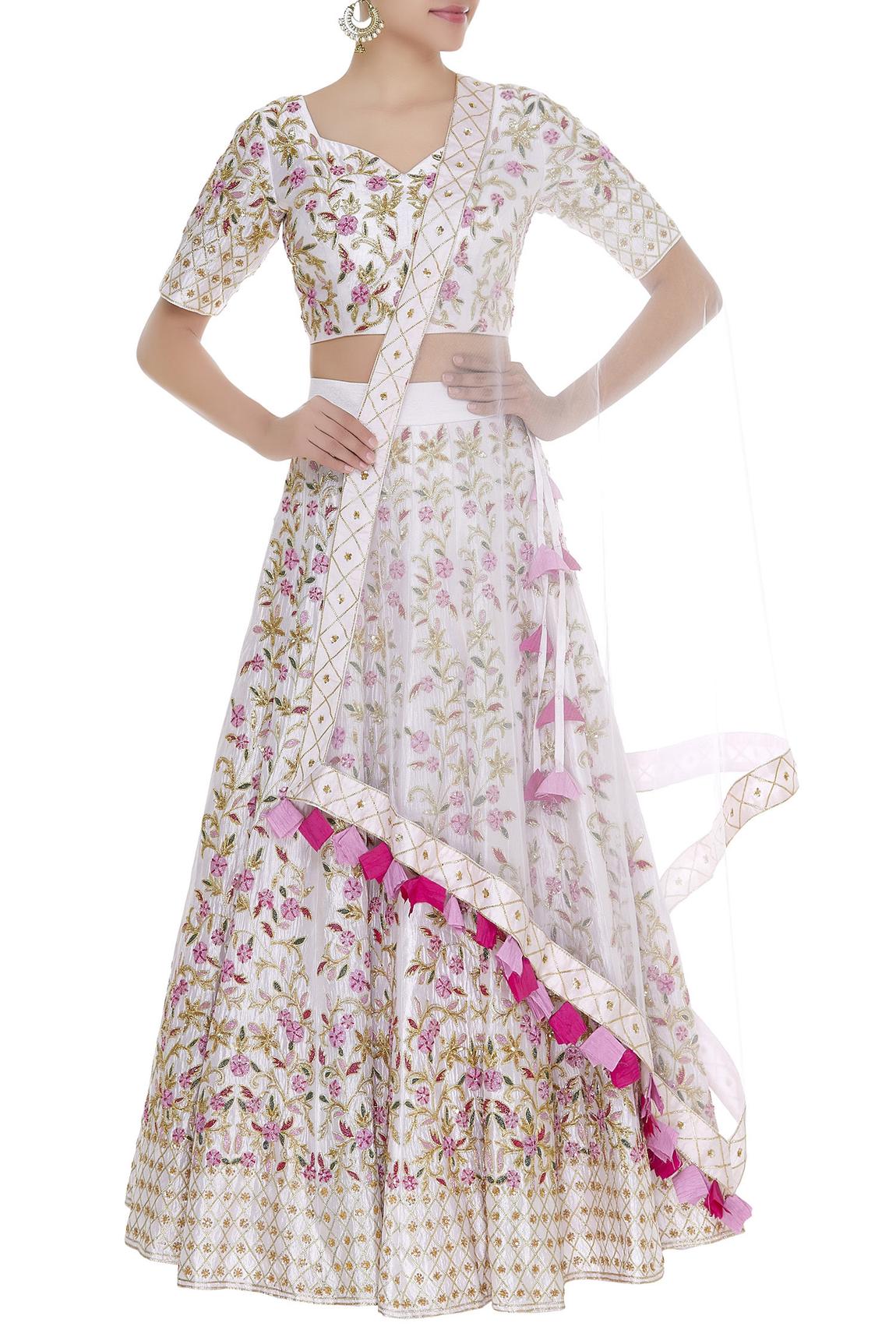 Off White Embroidered Lehenga With Blouse And Dupatta