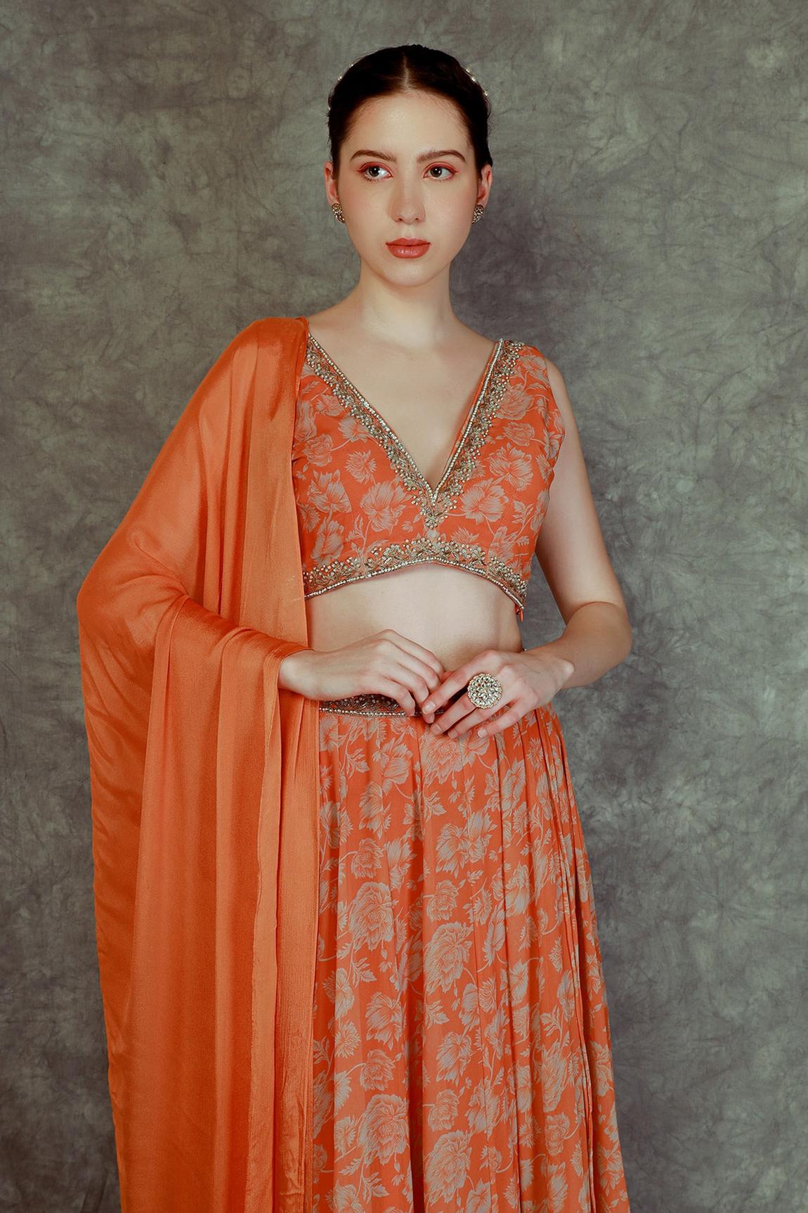 Orange Chinon Floral Print Lehenga Set (RO)