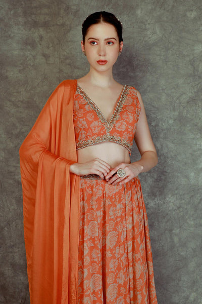 Orange Chinon Floral Print Lehenga Set (RO)