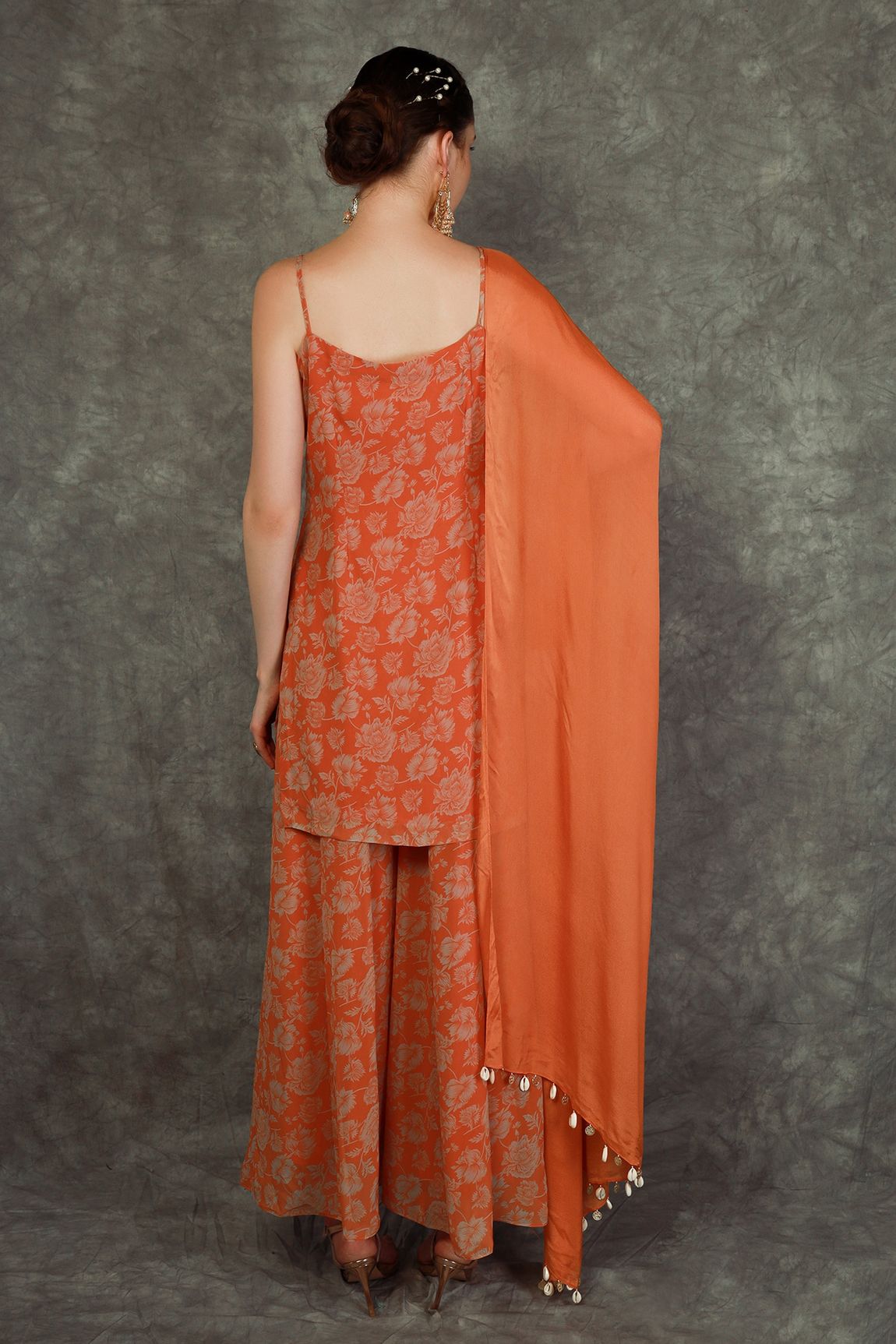 Orange Chinon Floral Print Sharara Set (RO)