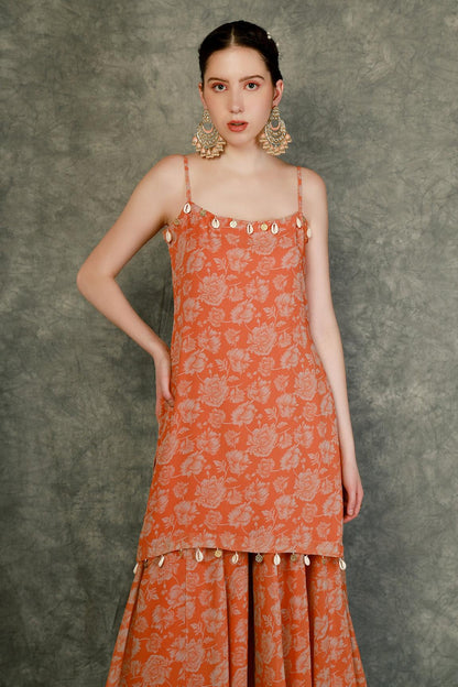 Orange Chinon Floral Print Sharara Set (RO)