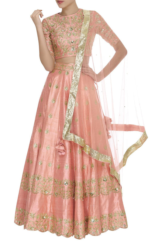 Peach Gota And Mirror Embroidered Lehenga Set