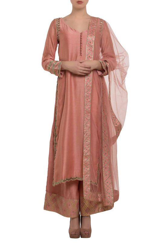 Peach Mukaish Embroidered Kurta Set