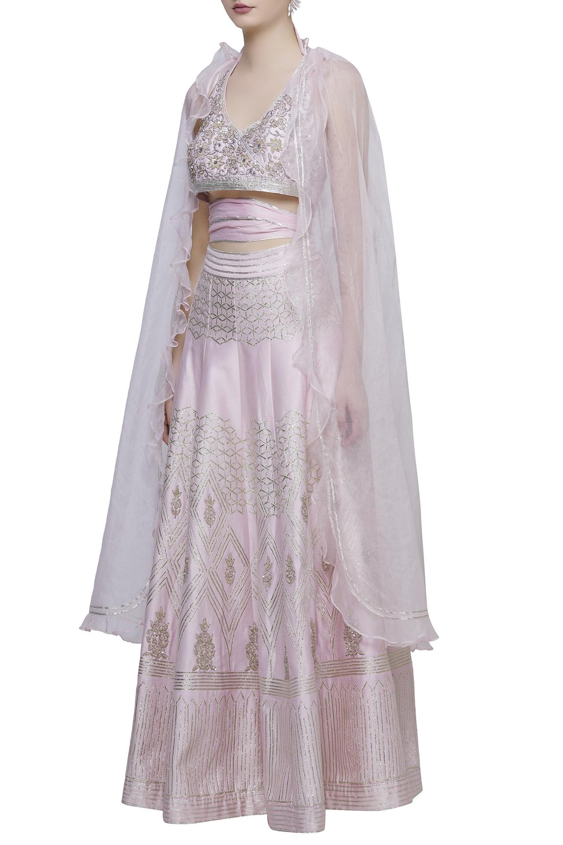 Pink Chanderi Cape Blouse With Lehenga