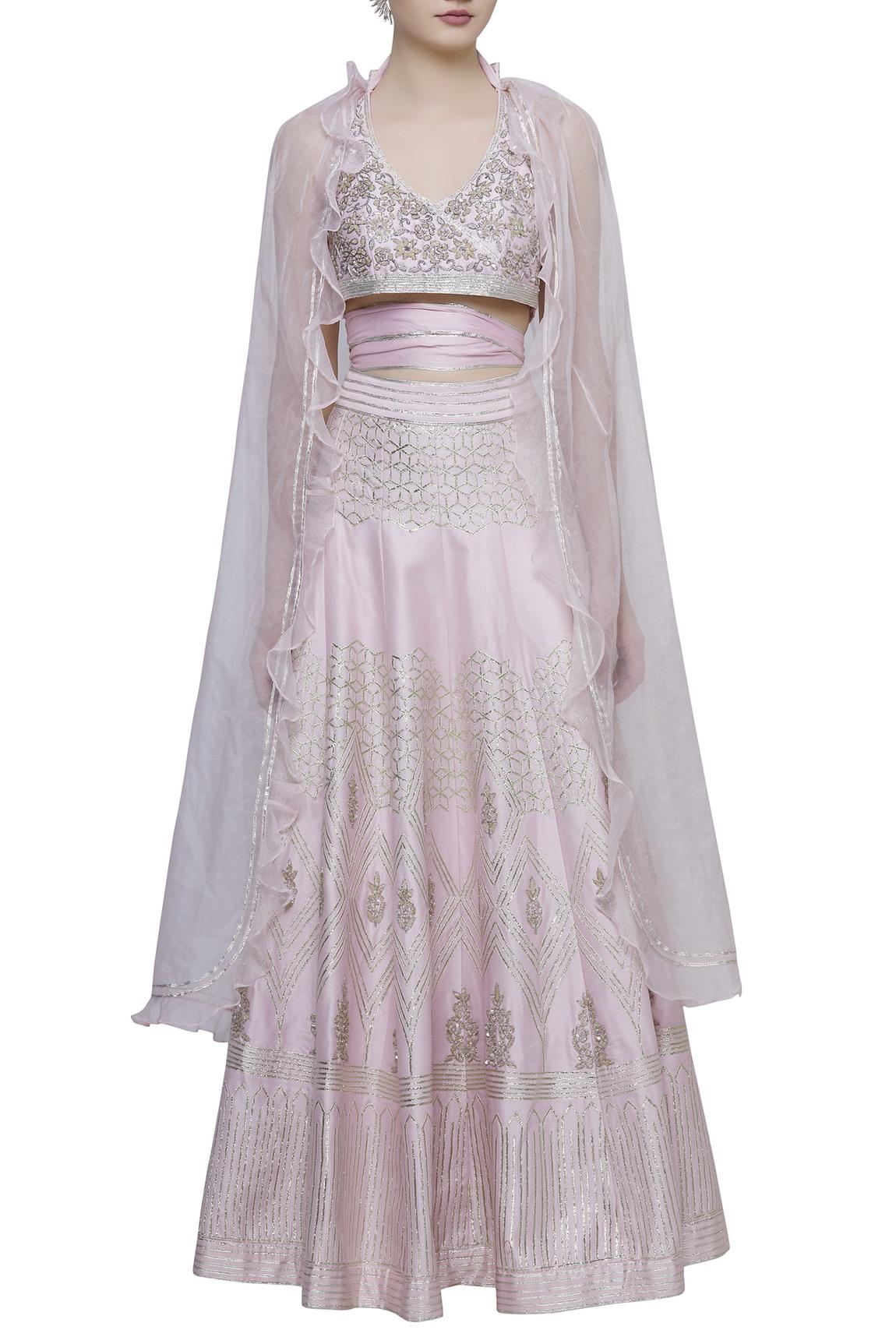 Pink Chanderi Cape Blouse With Lehenga