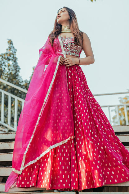 Pink Chanderi Mirror Work Lehenga Set