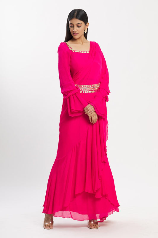 Pink Chiffon Ruffle Saree With Embroidered Blouse