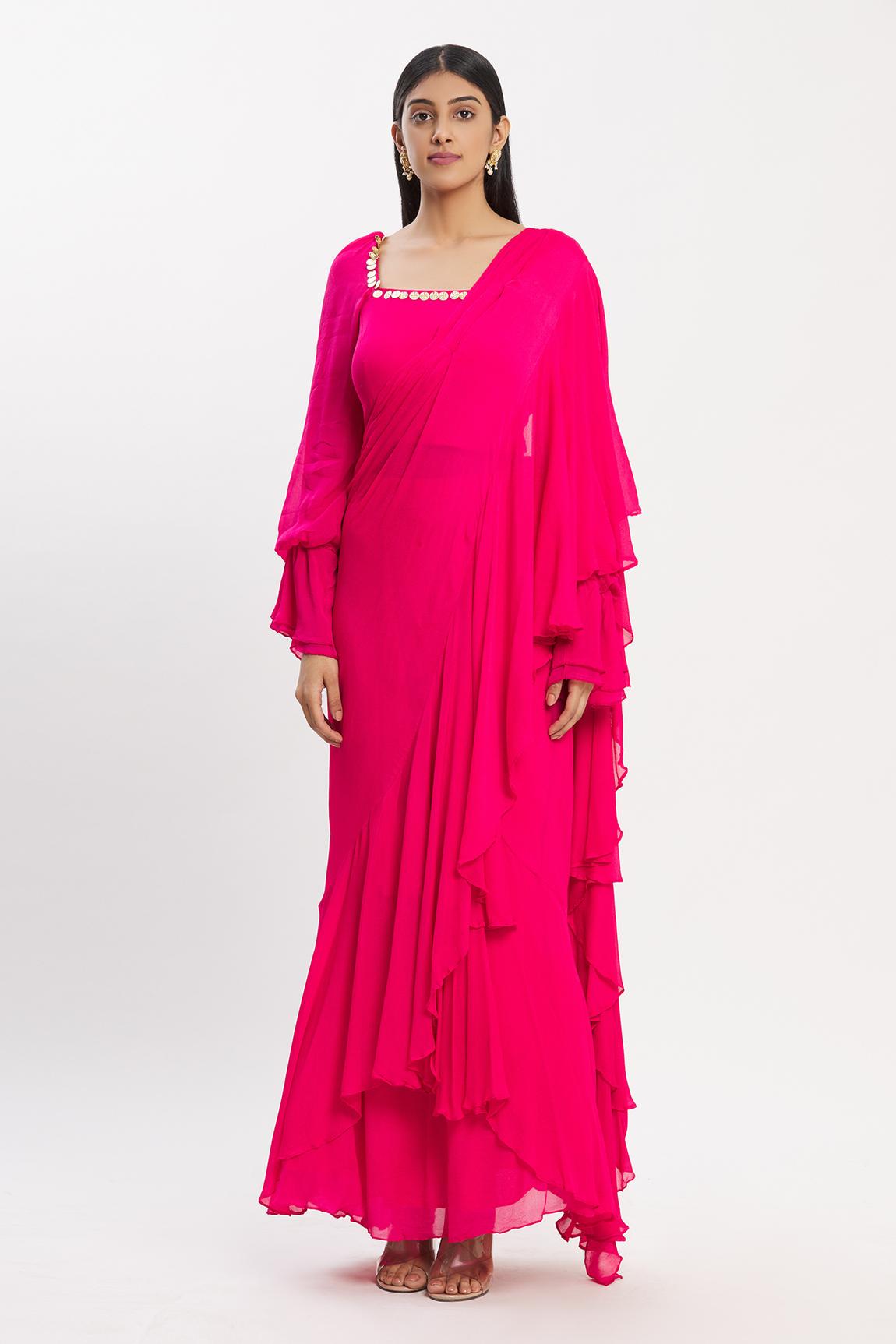 Pink Chiffon Ruffle Saree With Embroidered Blouse
