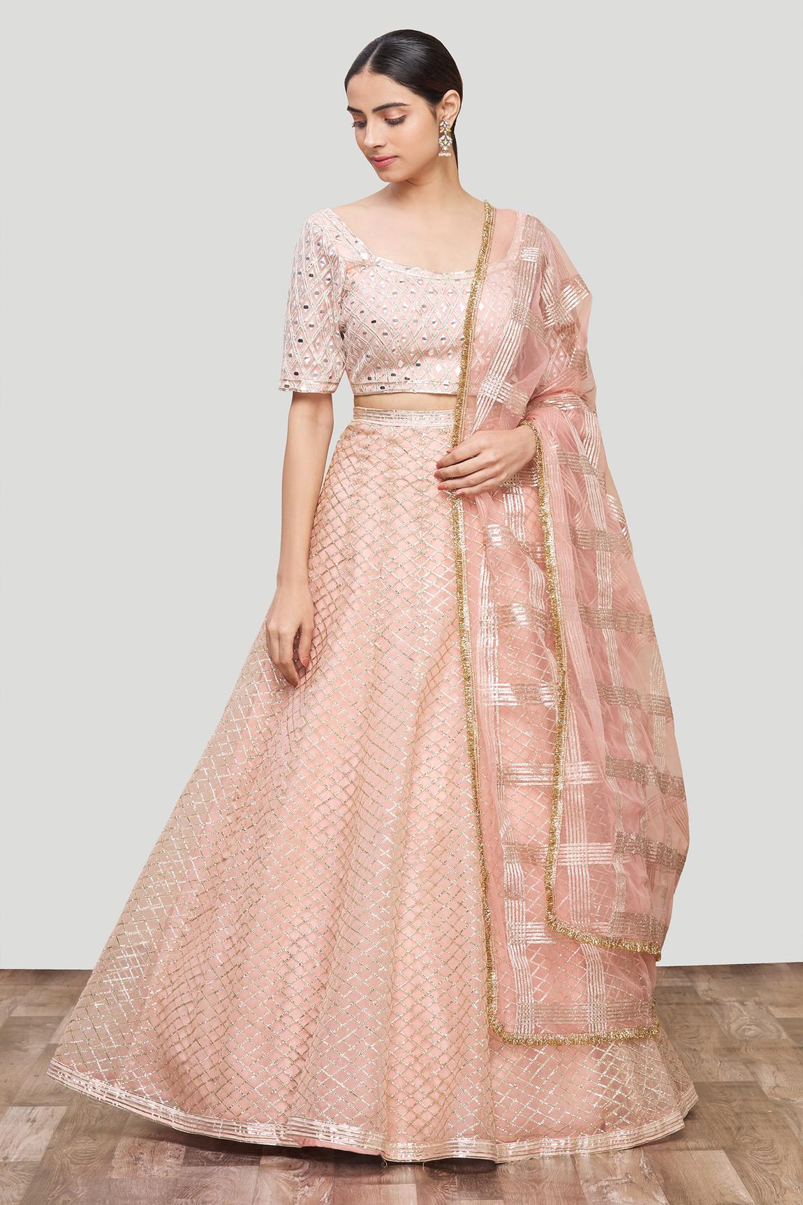 Pink Net Embroidered Lehenga Set