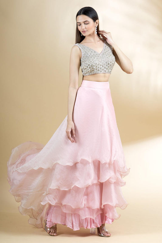 Pink Organza Ruffled Lehenga Set