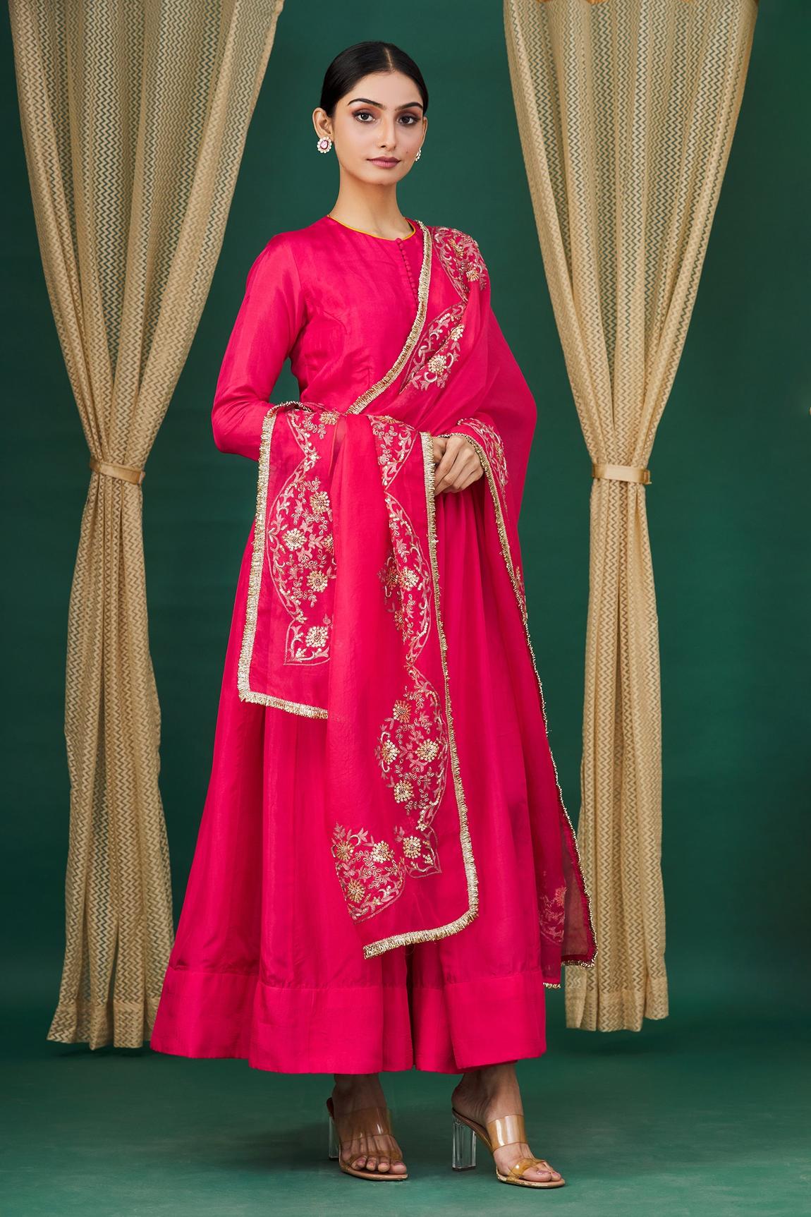Pink Pleated Anarkali With Dupatta