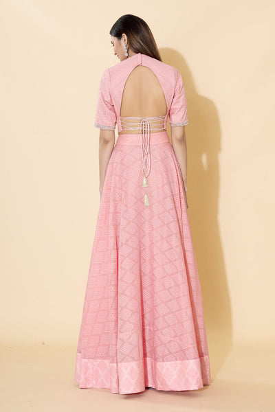 Pink Printed Chanderi Silk Lehenga Set