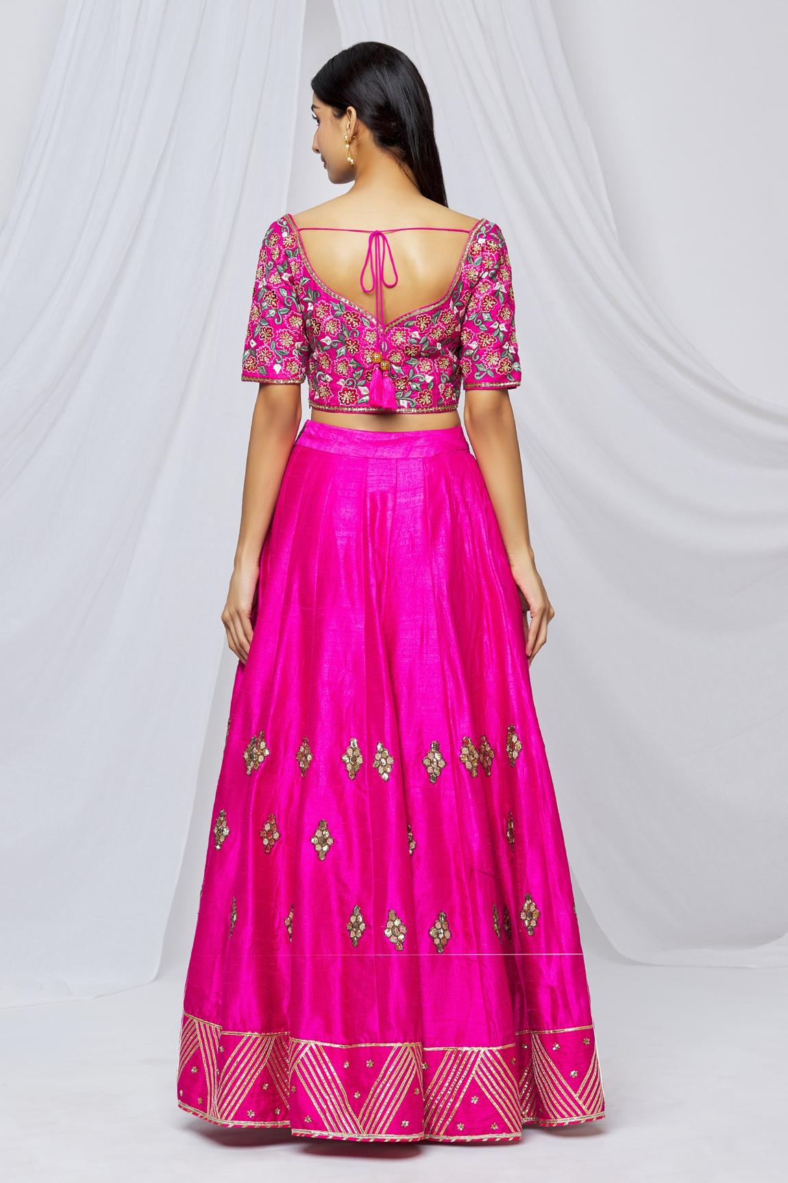 Pink Raw Silk Floral Embroidered Lehenga Set