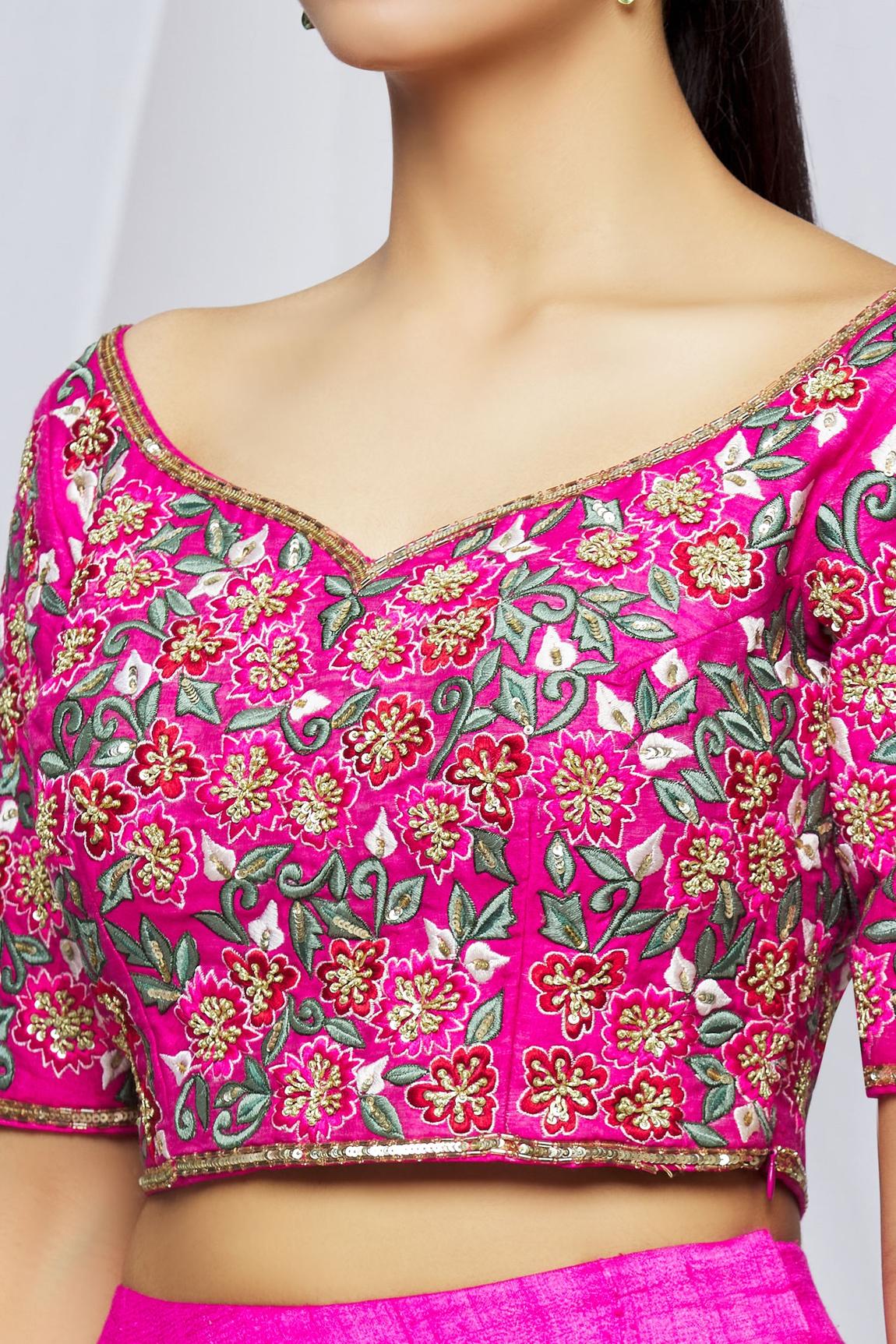 Pink Raw Silk Floral Embroidered Lehenga Set