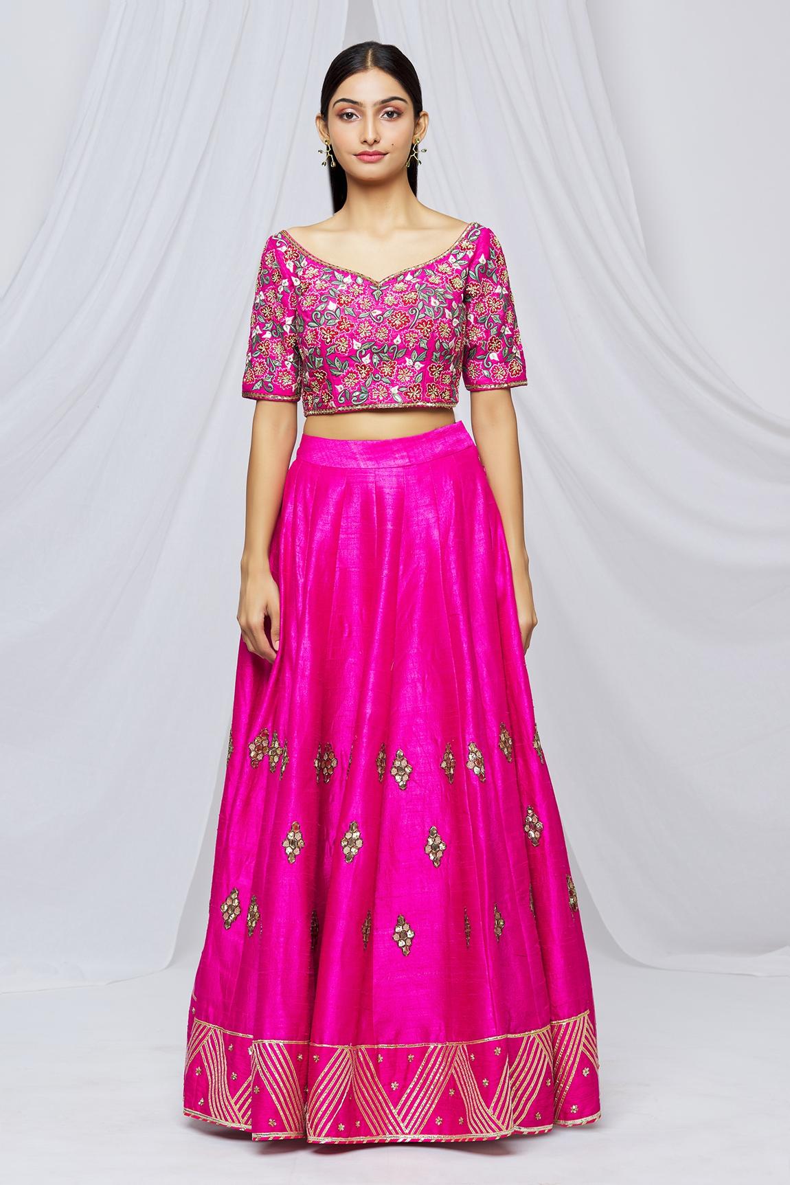 Pink Raw Silk Floral Embroidered Lehenga Set