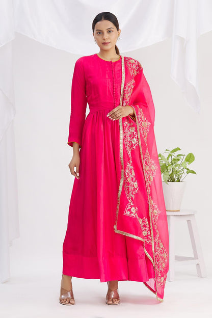 Pink Silk Anarkali With Embroidered Dupatta