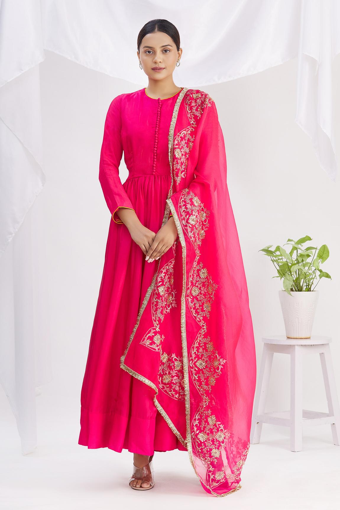 Pink Silk Anarkali With Embroidered Dupatta