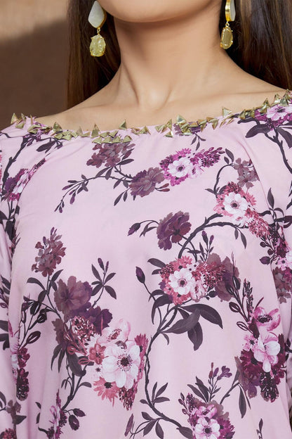 Purple Crepe Floral Print Blouse And Lehenga Set