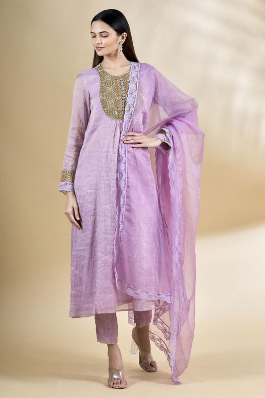 Purple Embroidered Chanderi Kurta Set