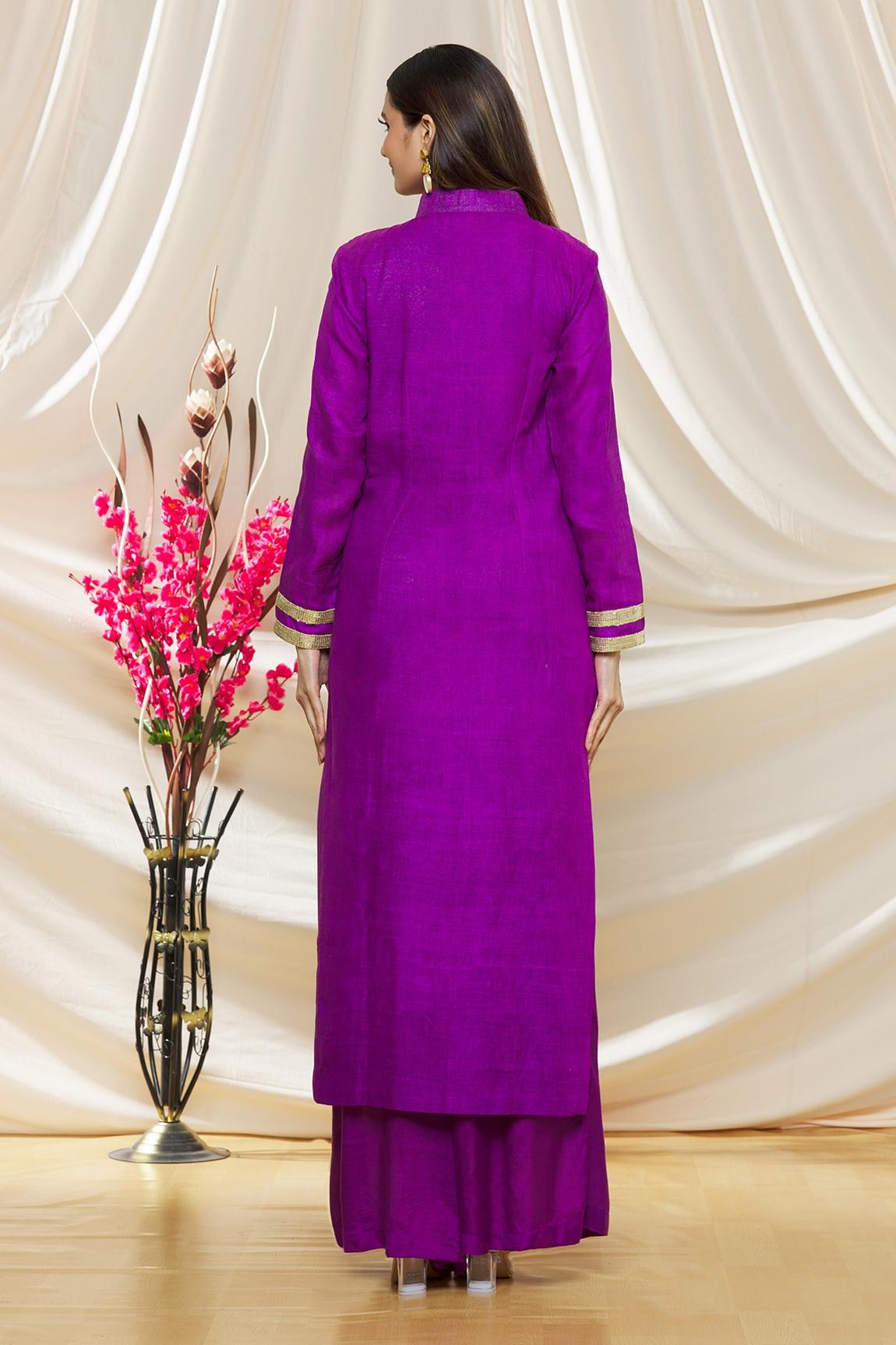 Purple Matka Silk Zari Embroidered Kurta Set