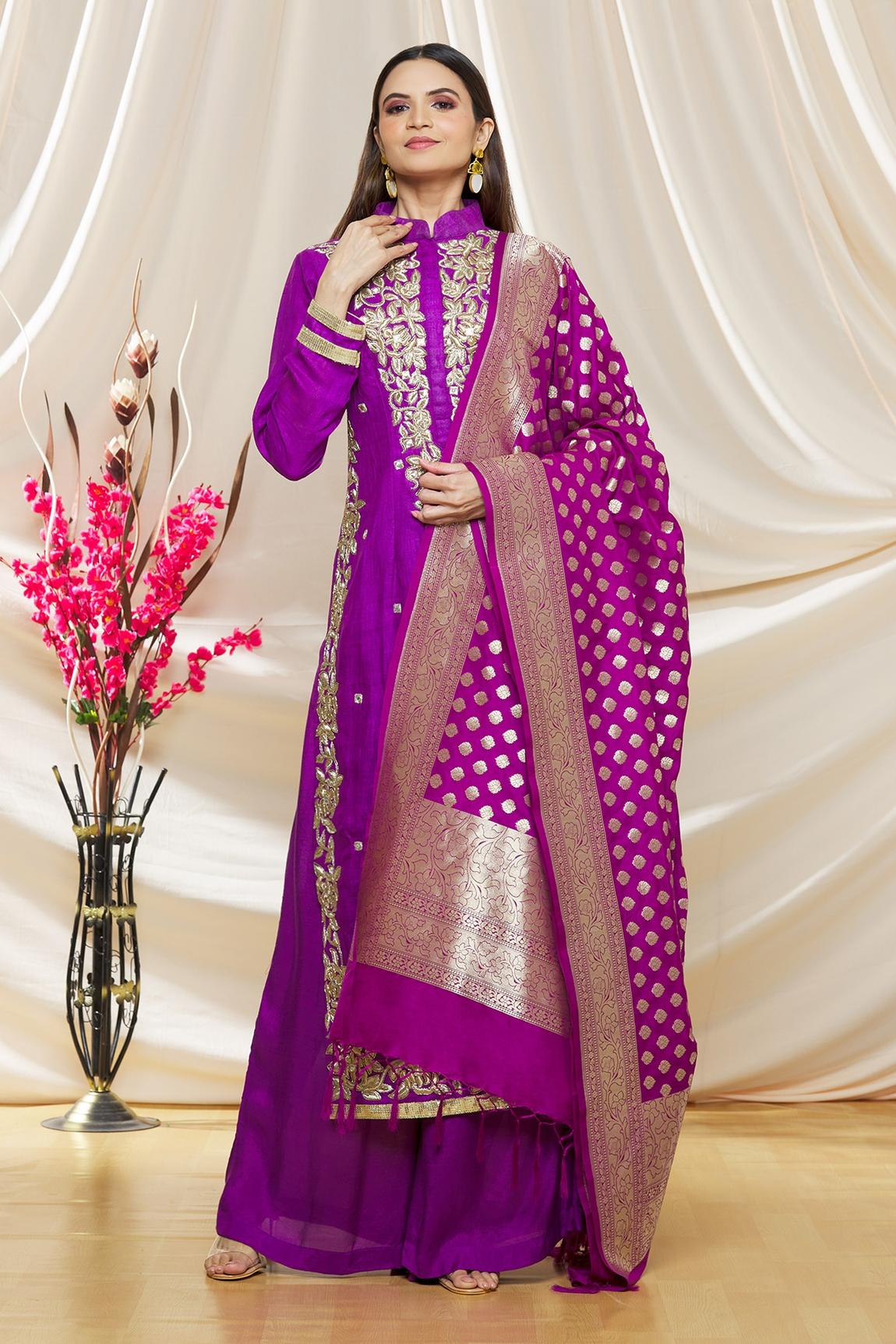 Purple Matka Silk Zari Embroidered Kurta Set