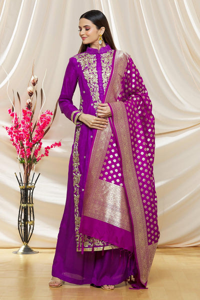 Purple Matka Silk Zari Embroidered Kurta Set