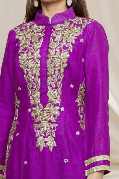 Purple Matka Silk Zari Embroidered Kurta Set
