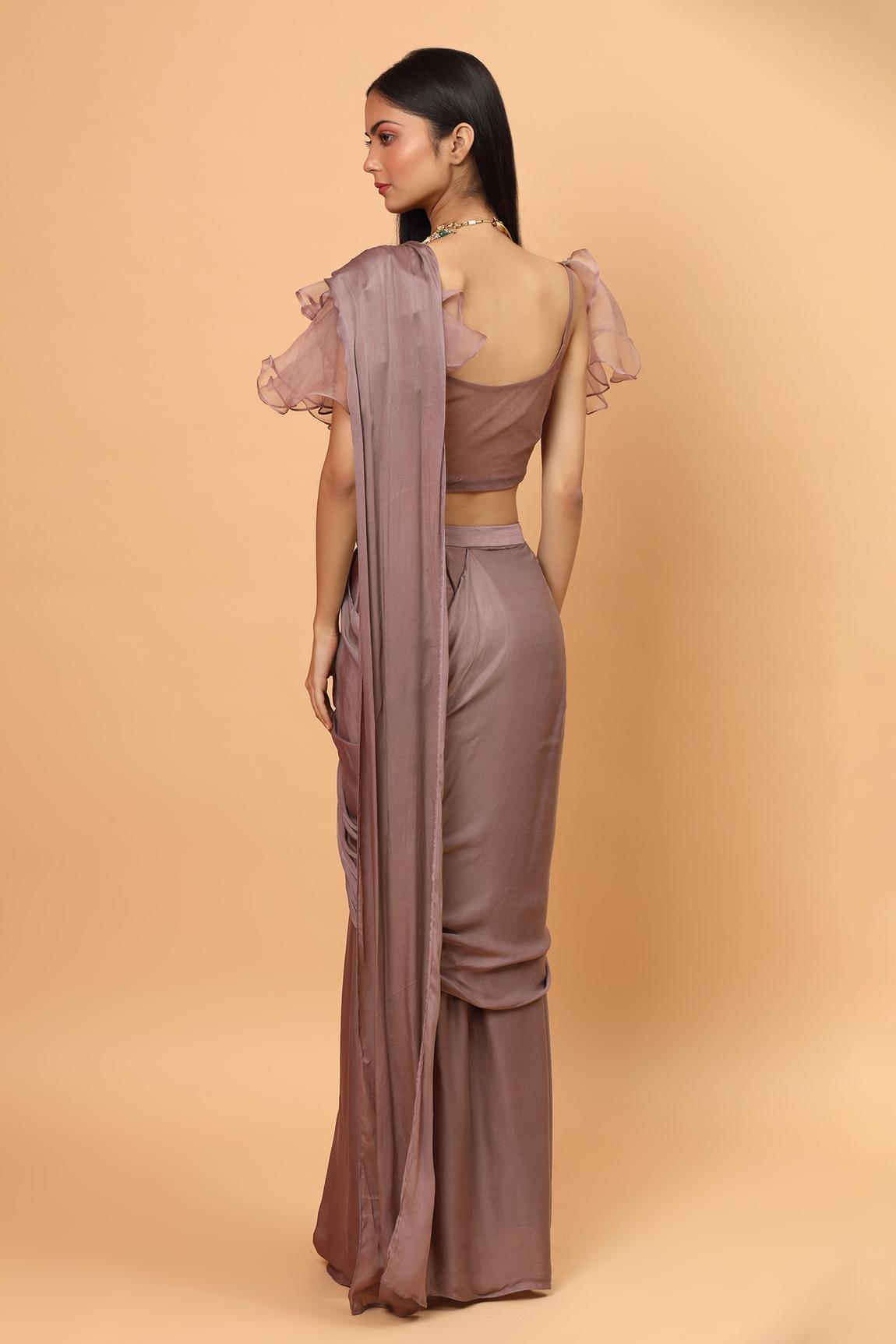 Mauve Net Pre-draped Saree With Embroidered Blouse