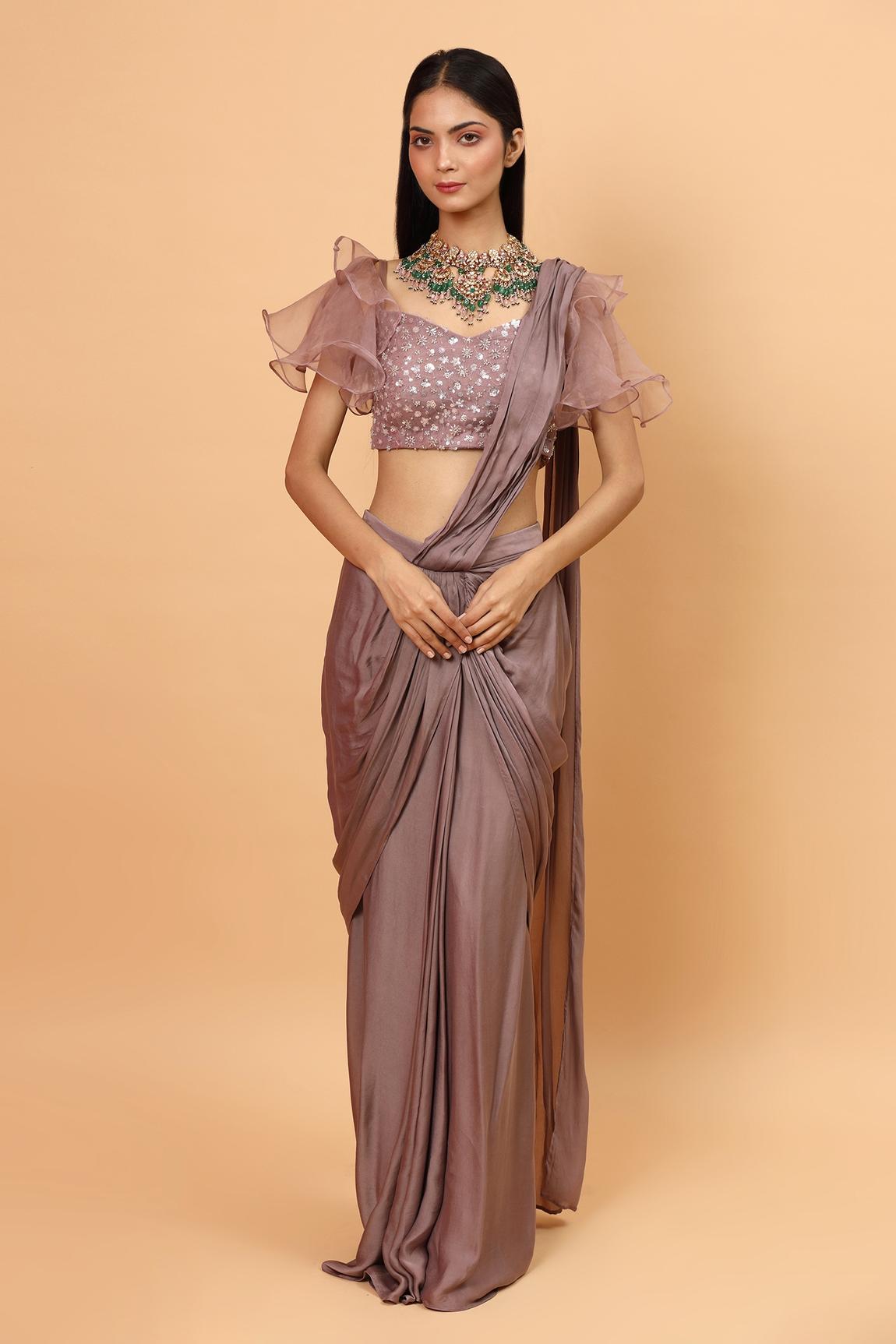 Mauve Net Pre-draped Saree With Embroidered Blouse